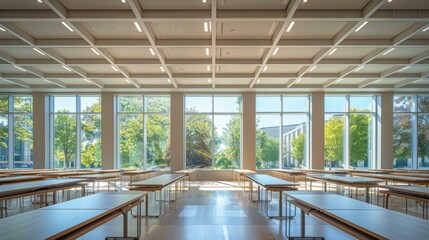 A large room with many windows and long tables. AI.