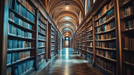 Long, arched hallway lined with bookshelves filled with books in a library