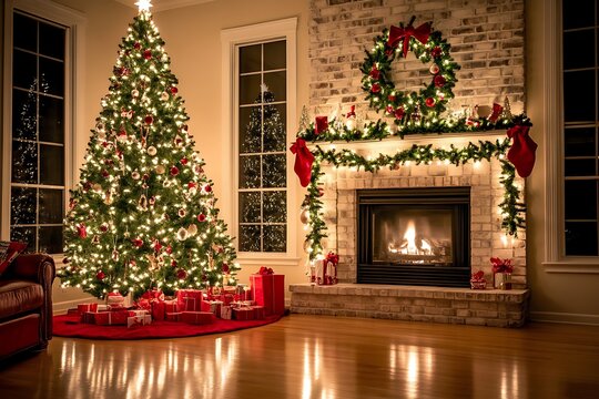 christmas tree with fireplace and gifts - Powered by Adobe