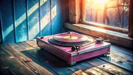 Fototapeta premium A vintage record player resting on a wooden surface, bathed in the warm glow of sunlight streaming through a window.