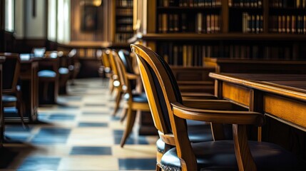 Wooden Chairs and Table in a Library Setting