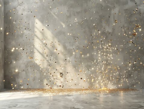 A concrete wall with golden confetti falling down. AI.