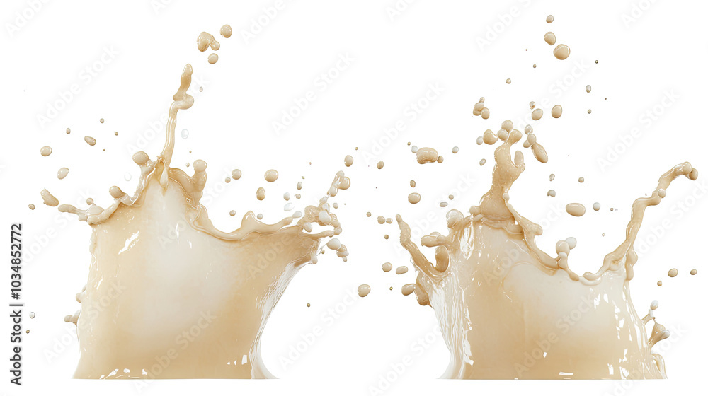 Poster dynamic milk splashes captured in a set of isolated objects generative ai