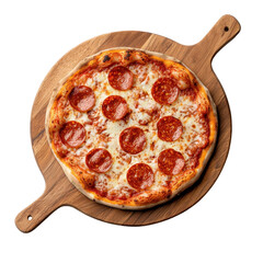 Pizza Pepperoni on a wooden tray, isolated on a white background, rustic and appetizing. cutout png