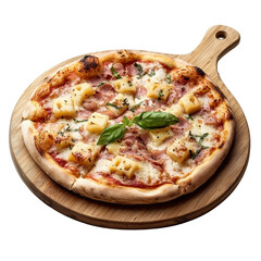Pizza Hawaiian on a wooden tray, isolated on a white background, rustic and appetizing. cutout png