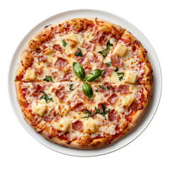 Pizza Hawaiian on a plate, isolated on a white background, with bright toppings and melted cheese. cutout png