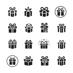 Gift silhouette vector icons set, collection or bundle, beautiful black gift package vector icon, logo style, vector style gift package collection on white background