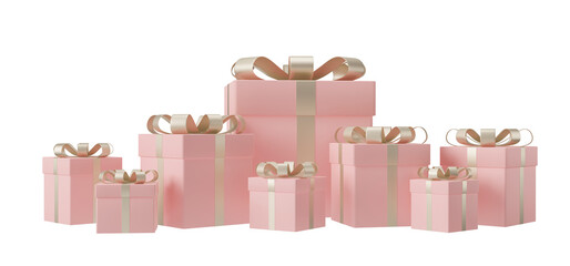 3D rendering pile of several pastel pink gift boxes with gold ribbon, isolated on transparent background. PNG file.	