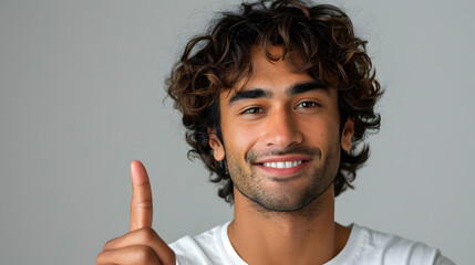 Young indian handsome curly smiling man pointing left with thumb
