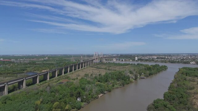 Stunning aerial view over suspension bridge Z&aacute;rate Brazo Largo over Paran&aacute; River, Argentina