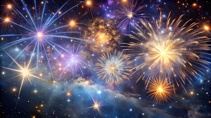 Naklejka premium Star-Filled Galaxy with Fireworks and Glittering Stardust. Perfect for: New Year's Eve, Fireworks Festivals, Astronomical Events