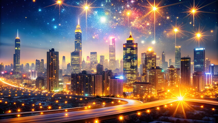 Fototapeta premium Vibrant City Skyline with Glittering Lights at Night. Perfect for: New Year's Eve, City Festivals, Urban Events