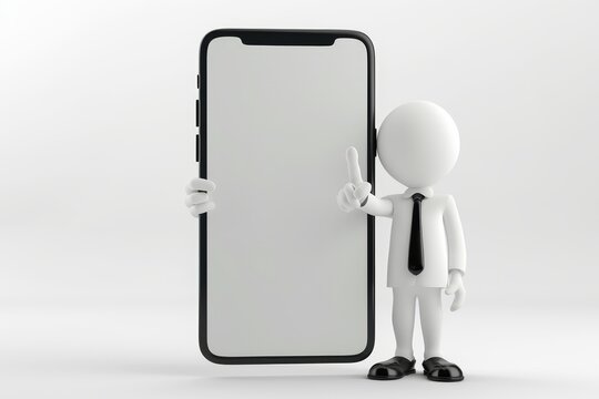 A small character stands beside a large blank smartphone, pointing as if making a presentation in a minimalistic setting