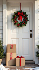 a lot of delivery boxes next to the door with a christmas wreath