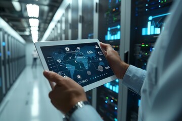 A professional analyzing data on a digital tablet in a high-tech server room filled with racks of servers and LED indicators