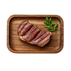 Wagyu steak on a wooden tray, isolated on a white background, offering a rustic and inviting look. cutout png