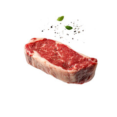 Fototapeta premium Flying Wagyu steak, isolated on a white background, adding a fun and dynamic element to the image. cutout png