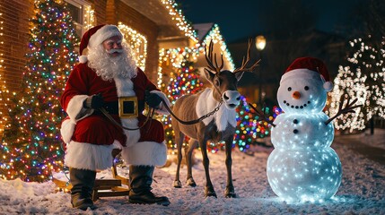 Santa Claus holding the reins of his reindeer while a snowman stands nearby surrounded by colorful Christmas lights