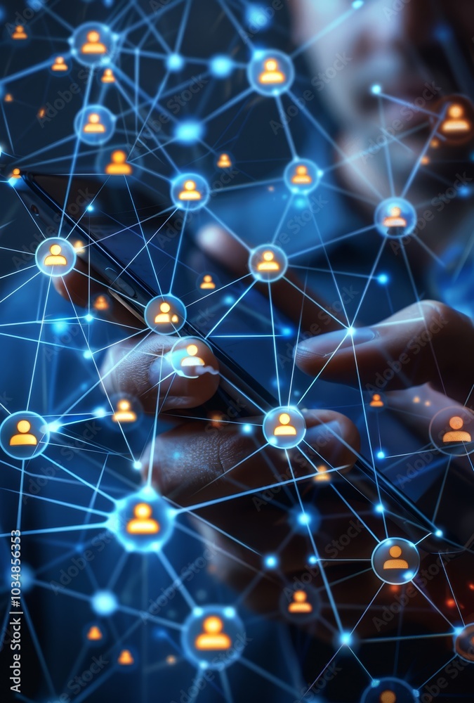 Poster exploring digital connectivity with a smartphone under glowing network visualizations in a modern wo