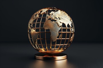 Golden globe sculpture displaying a detailed map of the world on a dark background, showcasing continents and oceans