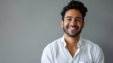 business, office worker and people concept - smiling indian businessman in shirt over grey background
