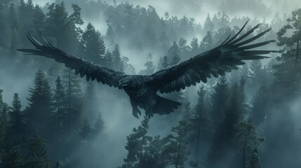 A majestic black eagle soars gracefully over a misty forest landscape at dawn, showcasing its powerful wings against the soft light