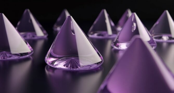 Lavender translucent isosceles triangles with smooth, mirror-like surfaces set against a black background. A detailed, realistic 3D render in super HD quality.