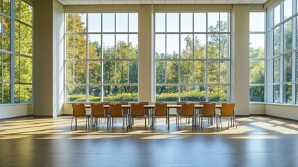 Fototapeta premium Empty Meeting Room with Large Windows and Wooden Floor
