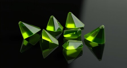 Lime-colored translucent scalene triangles with reflective surfaces scattered on a dark backdrop. A detailed, realistic 3D render in super HD quality.