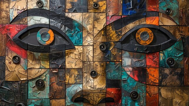 A vibrant representation of artistic craftsmanship featuring colorful tiles and intricate designs of a serene face