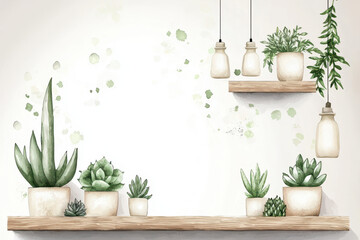 A serene arrangement of various succulents in pots on wooden shelves, enhanced by decorative lighting against a soft, textured background.