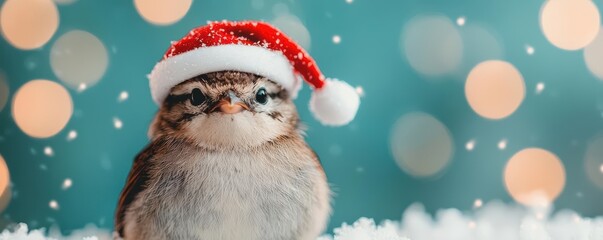 Fototapeta premium Baby birds perched on snowy branches with tiny Santa hats, Christmas lights twinkling around, creating a whimsical holiday scene