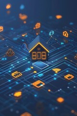 A smart home concept showcasing a house surrounded by digital connectivity symbols in an abstract blue and orange design