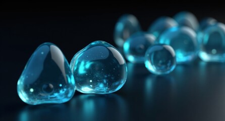 Azure-colored translucent composite shapes with reflective surfaces arranged against a dark backdrop. A smooth, highly detailed 3D render in super HD quality.