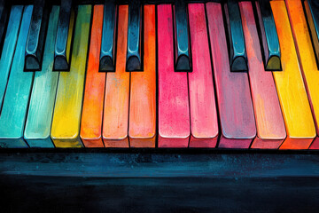 A vibrant, colorful piano keyboard showcasing artistic hues, blending creativity with music,...