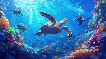 Obraz premium Underwater Paradise: Sea Turtle and Diver