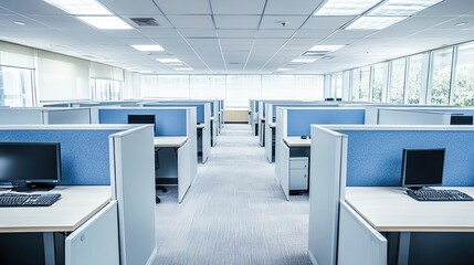 Empty modern office cubicles with computers and light blue walls.