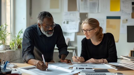 Two professionals collaborating on a design project in a bright office