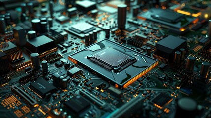 A computer chips and motherboard isolated in the cold background