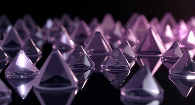 Lavender translucent isosceles triangles with smooth, mirror-like surfaces set against a black background. A detailed, realistic 3D render in super HD quality.