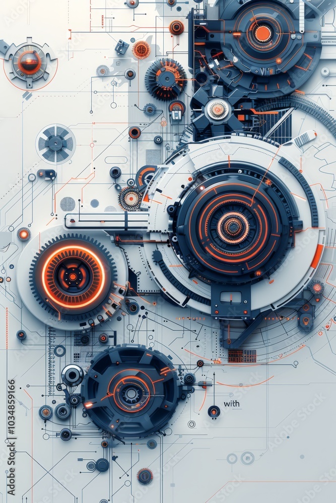 Poster abstract design featuring interconnected gears and circuits with glowing elements in a futuristic st