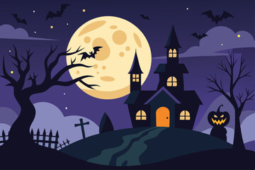 Halloween background with full moon and hunted house - Generative AI