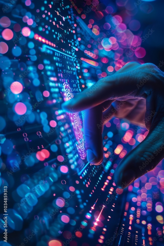 Poster a hand interacting with a vibrant digital interface featuring colorful data visualizations and finge