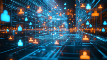 Futuristic digital space with glowing user icons and data network connections