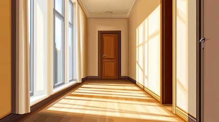 Sunlit Hallway with Wooden Door and Windows