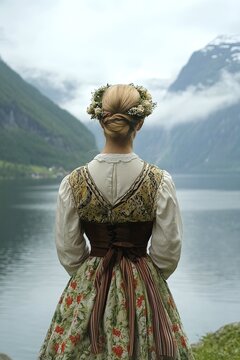 A woman in a Norwegian bunad, standing by a fjord with mountains in the background