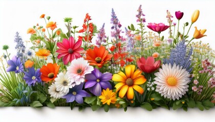 Obraz premium colorful flowers, summer flowers, garden, white background, blooming, vibrant, nature, floral display, garden scene, bright colors, decorative, seasonal flowers, botanical, floral design, fresh blooms