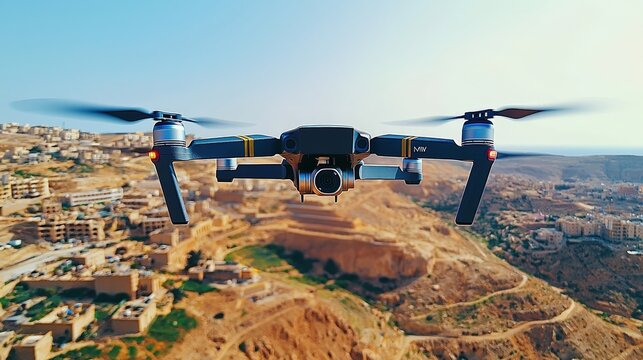 A hovering drone captures breathtaking aerial views of rugged terrain and urban landscapes under a clear blue sky