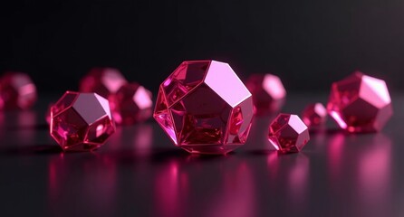 Magenta-colored translucent nonagons with smooth, reflective surfaces set against a black backdrop. A realistic, highly detailed 3D render in super HD quality.
