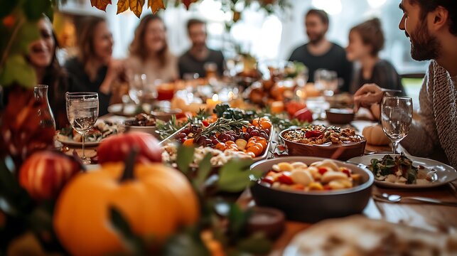 A Friendsgiving dinner scene, friends gathered around a table sharing homemade dishes, colorful fall leaves and pumpkins as decor, warm lighting from overhead, everyone smiling and chatting,